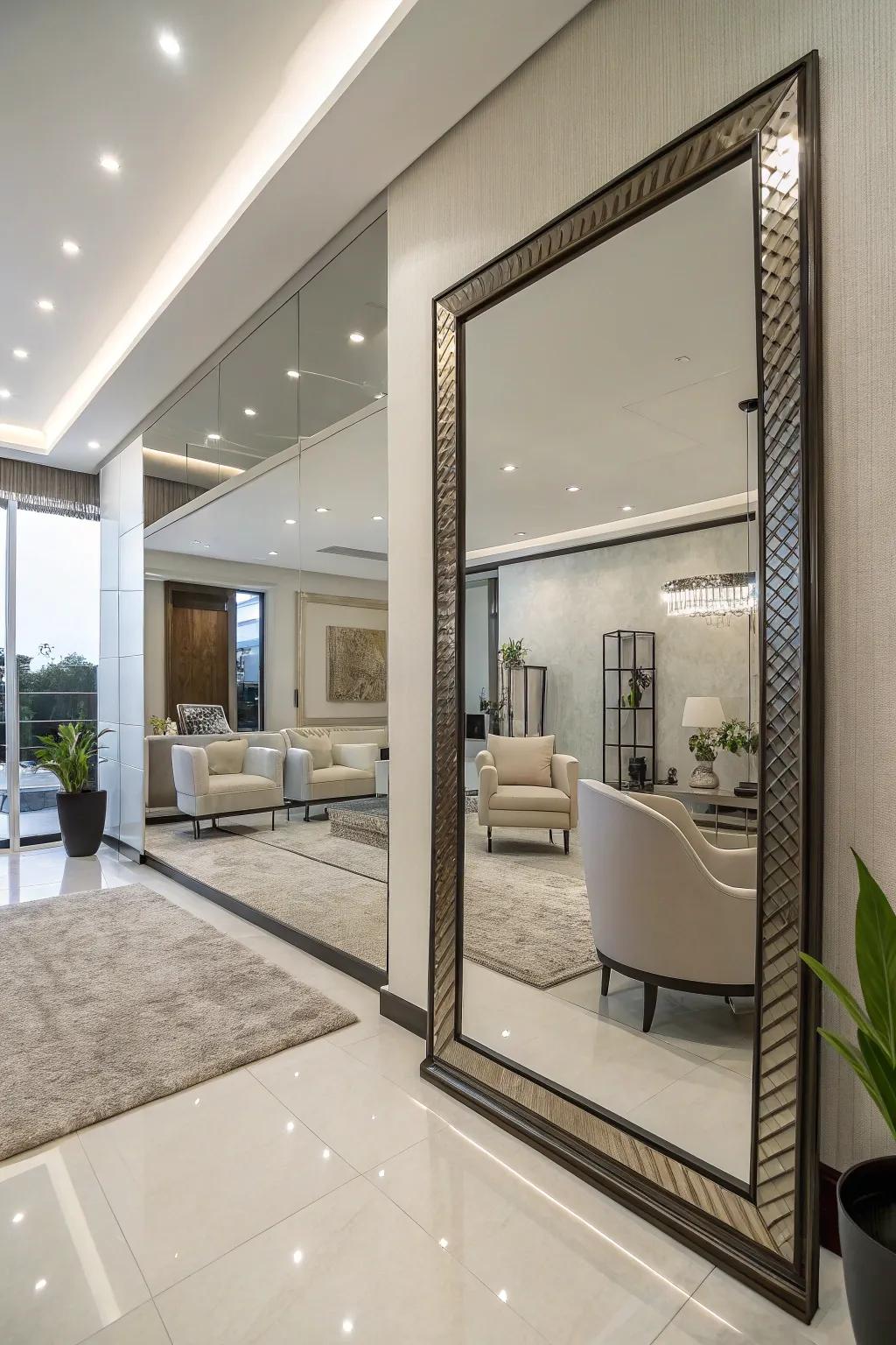A modern interior featuring a large reflector that enhances the sense of space.