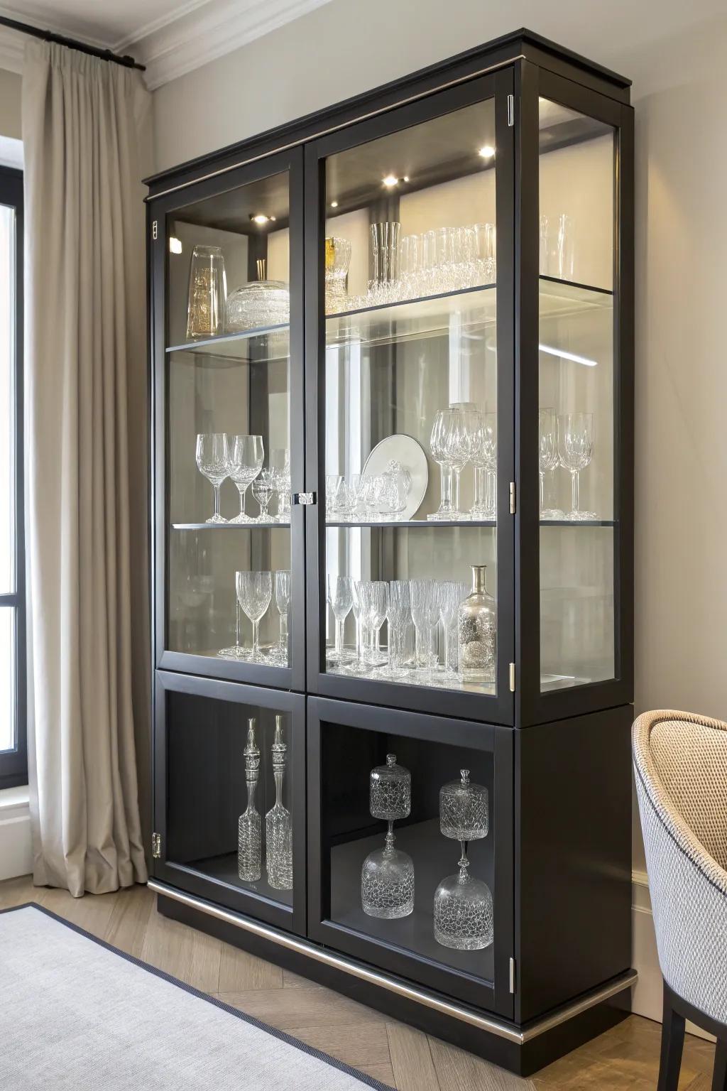 See-through elements contribute a modern and airy vibe to the display cabinet.