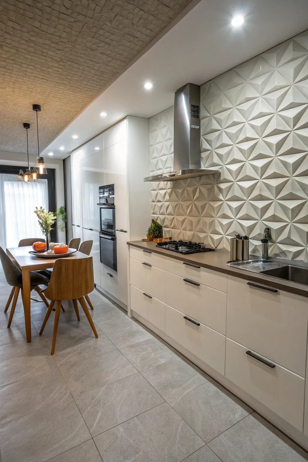 3D tiles give kitchen walls texture and dimension.