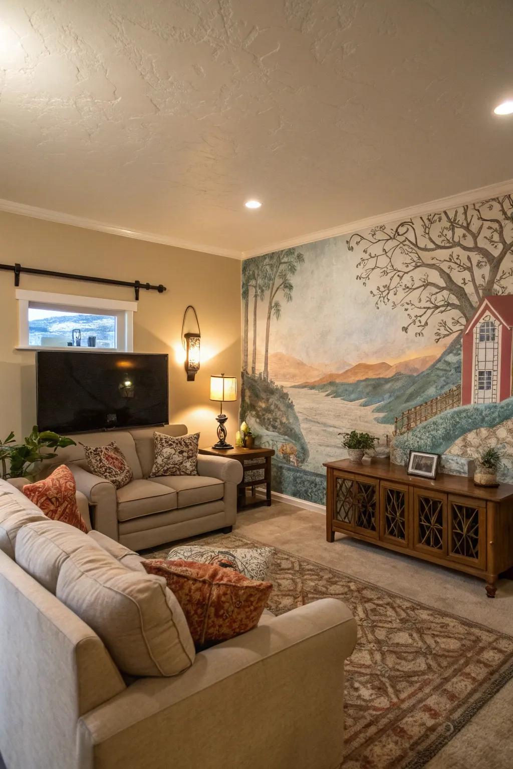 A custom artistic creation contributes a distinctive artistic note to the modern family room.
