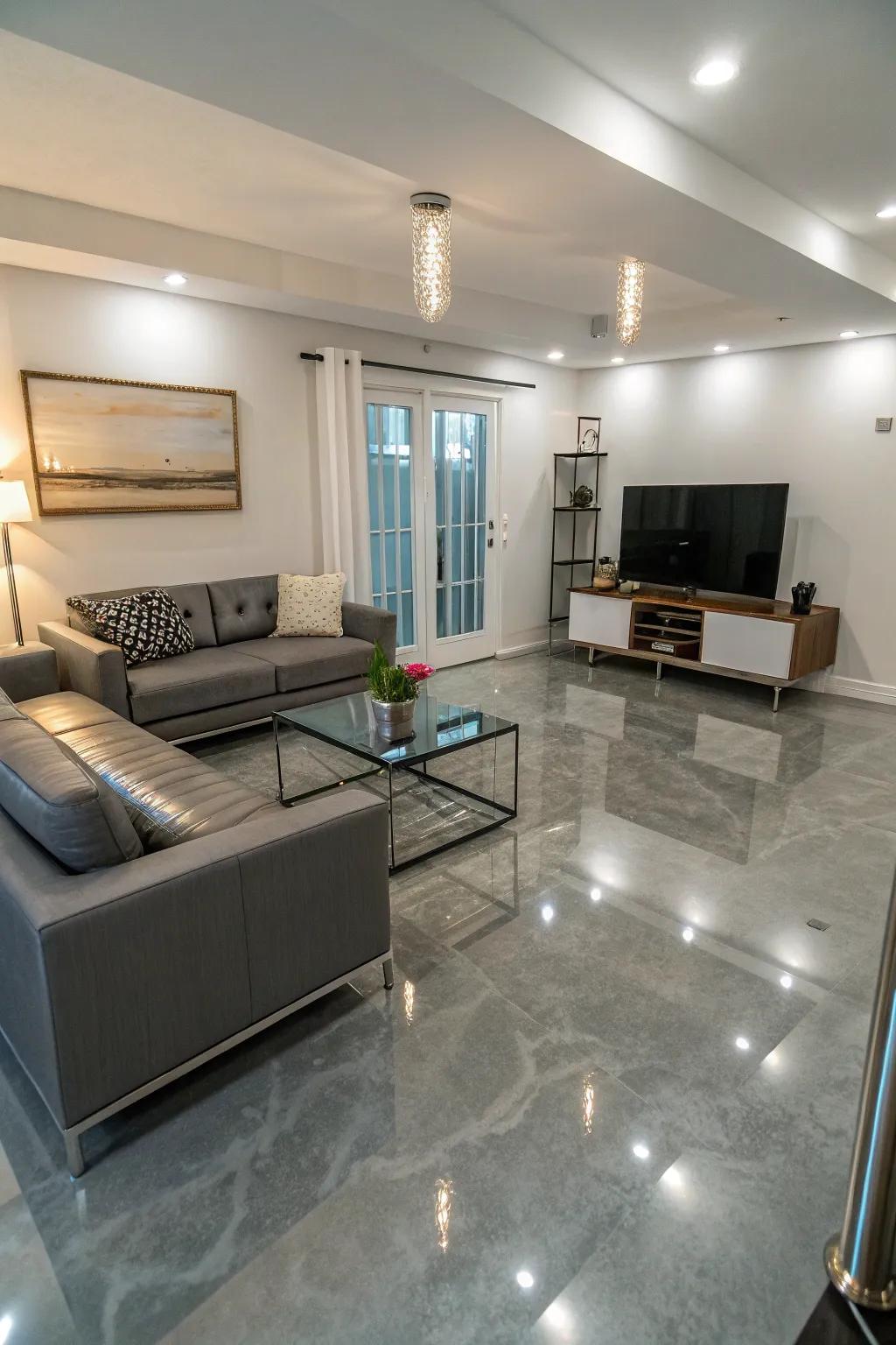 Futuristic touch conveyed through metallic epoxy flooring.
