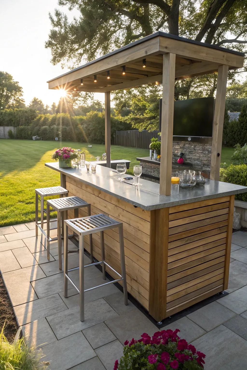 Weatherproof materials make this bar both durable and stylish.