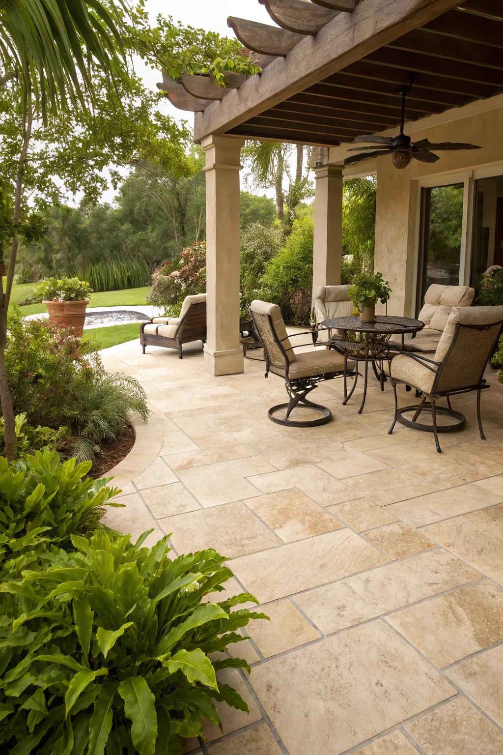 Sand stone tiles add Mediterranean elegance to patios.