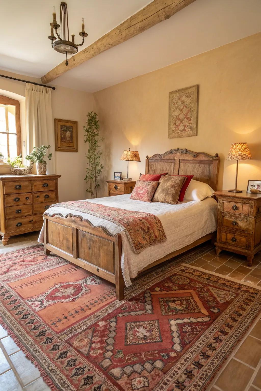 A vintage rug adds warmth and ties the room together in this shabby chic bedroom.