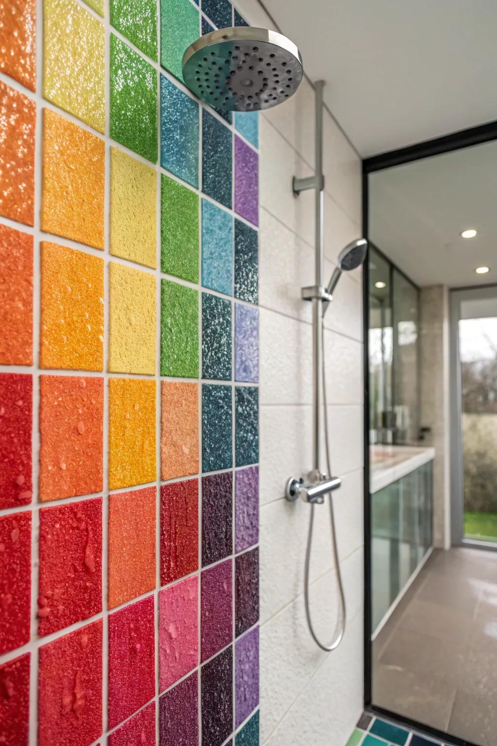 A daring shower aesthetic showcasing vibrant hues and textured tiles.