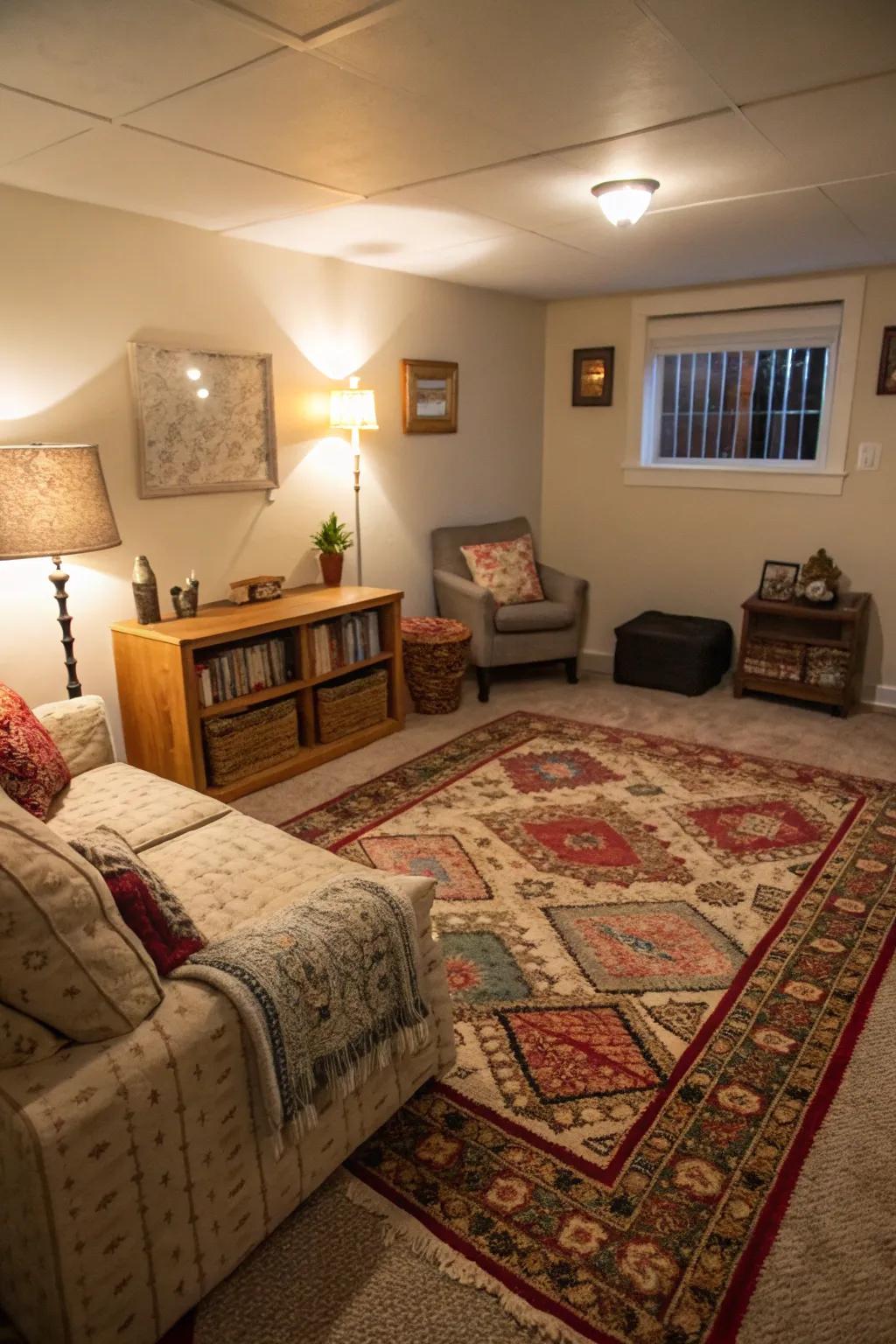 A small living area employing rugs to create defined zones.