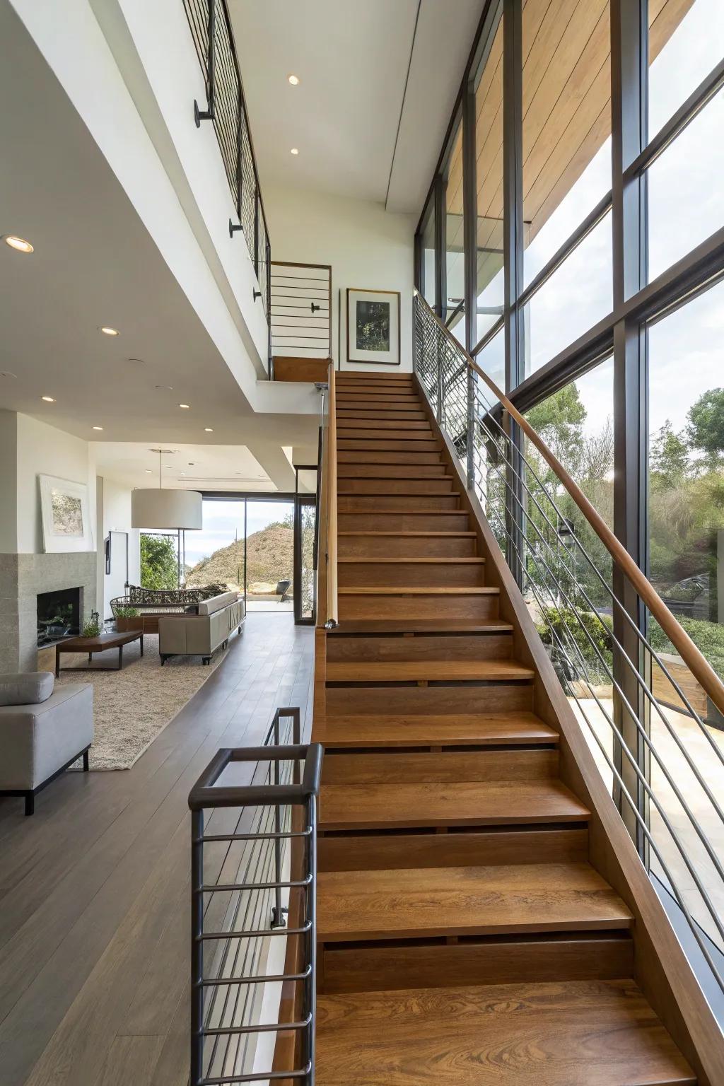 Timber and metal fusion stairwells afford a flawless intermingling of warmth and modernity.