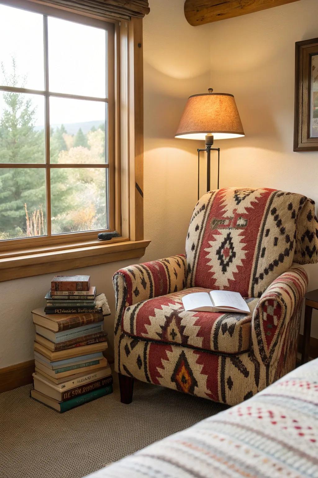 A snug reading nook incorporates comfort and charm.