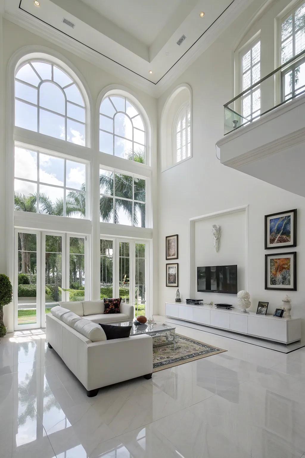 Architectural features add depth to a modern white living room.