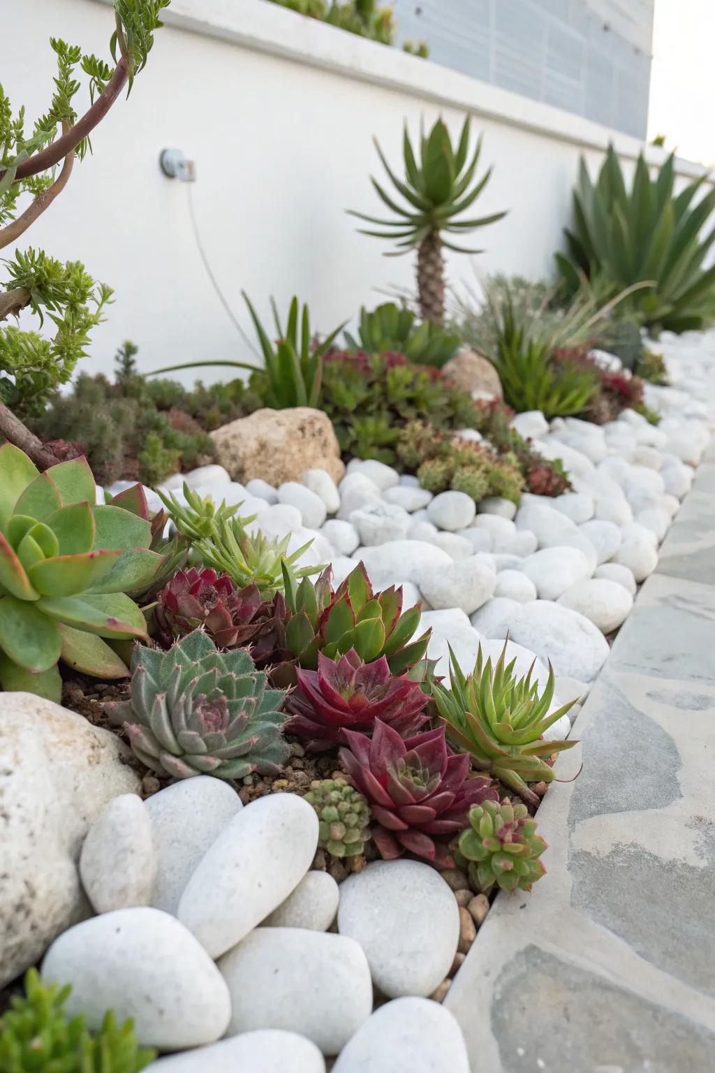 A charming fleshy plant garden featuring white stones, offering a low-maintenance and enchanting landscape.