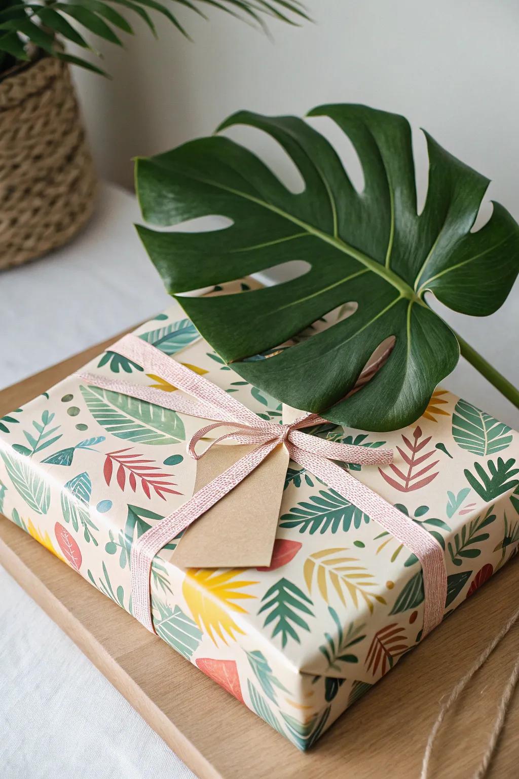 Present wrapping that is kind to the environment and embellished with a monstera leaf.