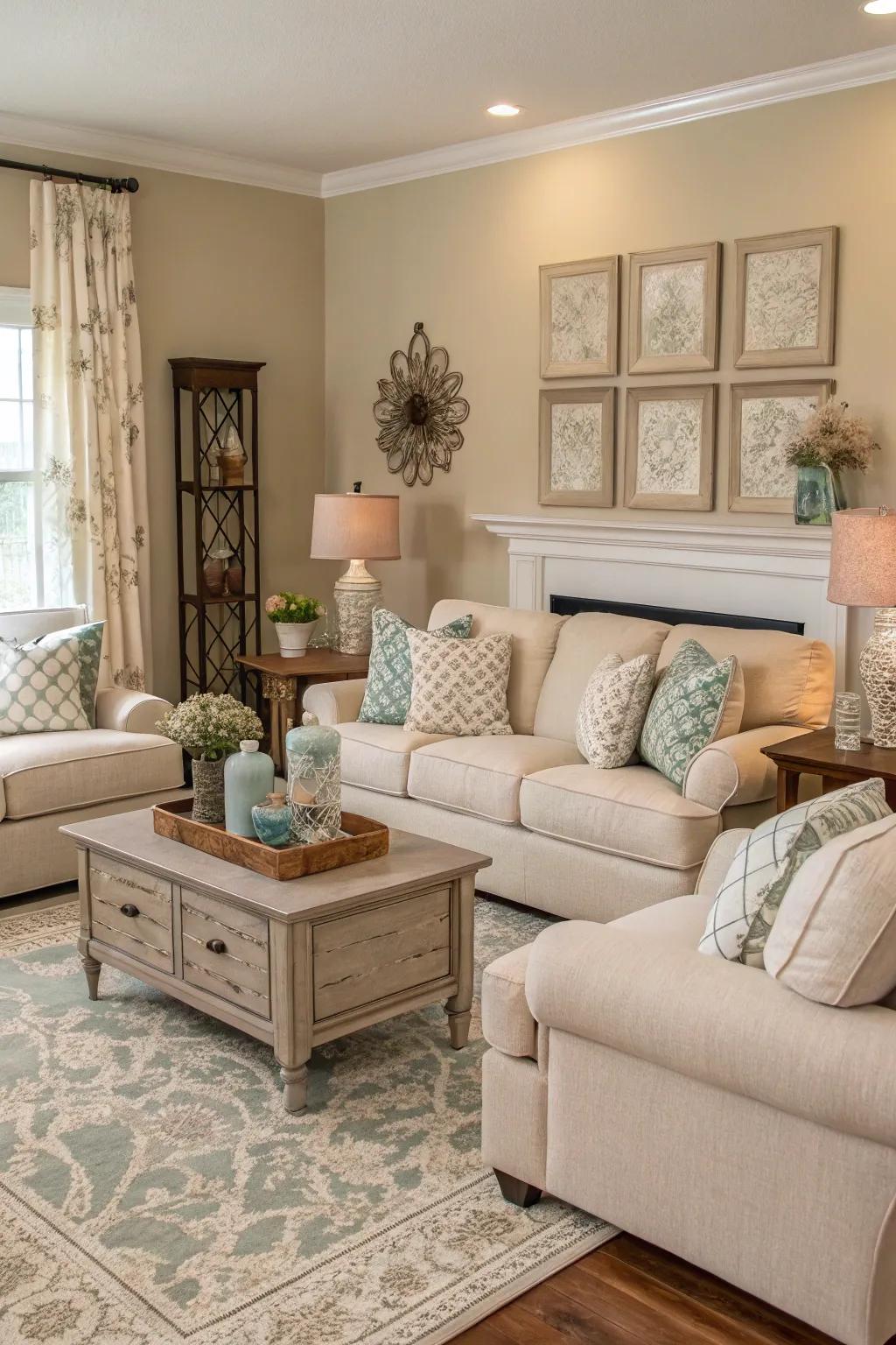 Color scheme creating cohesion in a calmly lit living room.