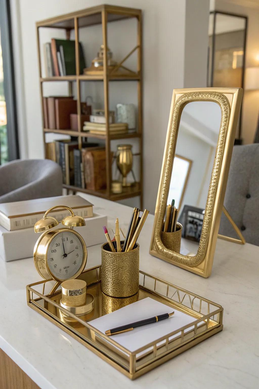 Metallic highlights add a luxurious shine to this atmospheric office.