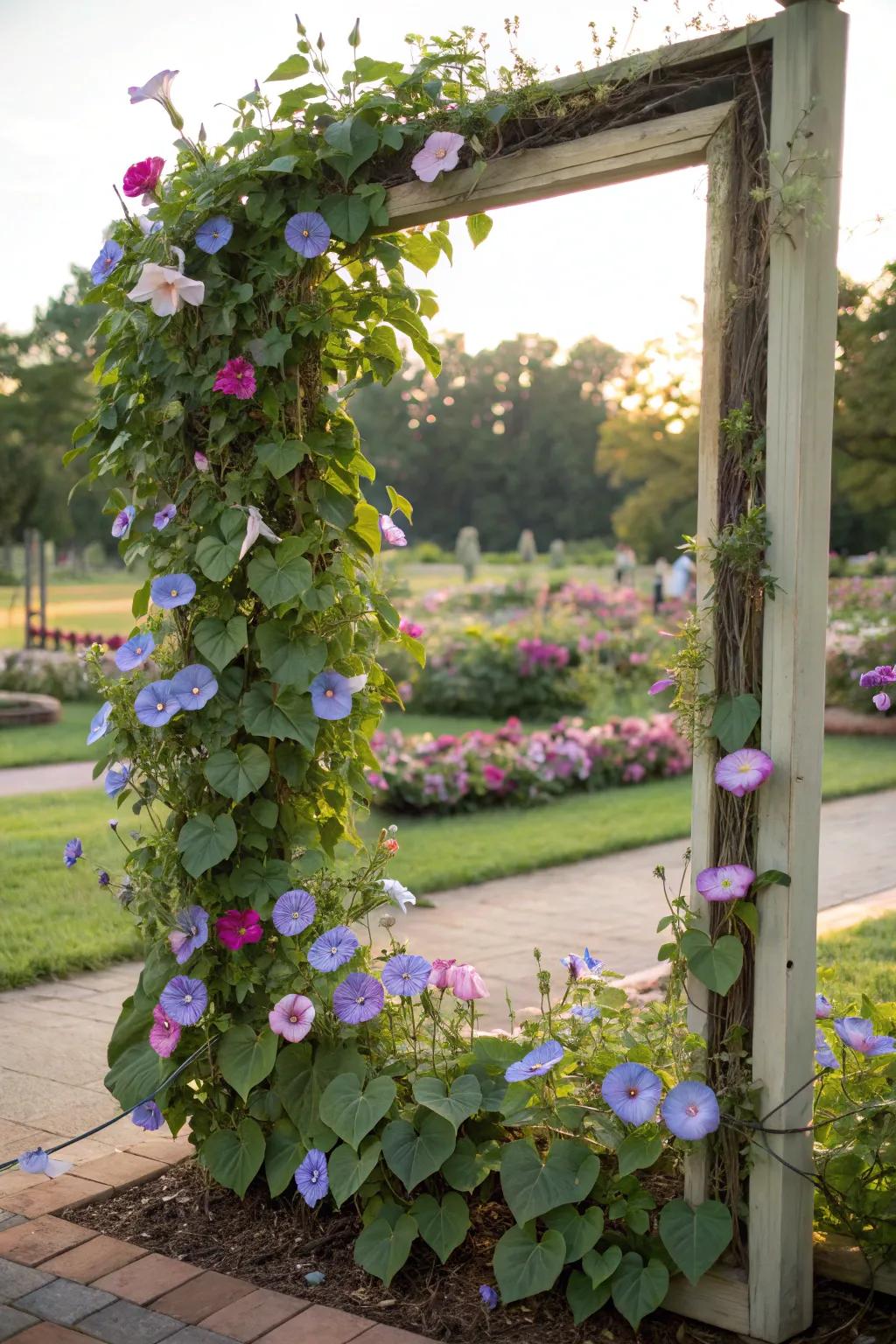 A vibrant piece of live artwork featuring morning glories arranged around a frame.