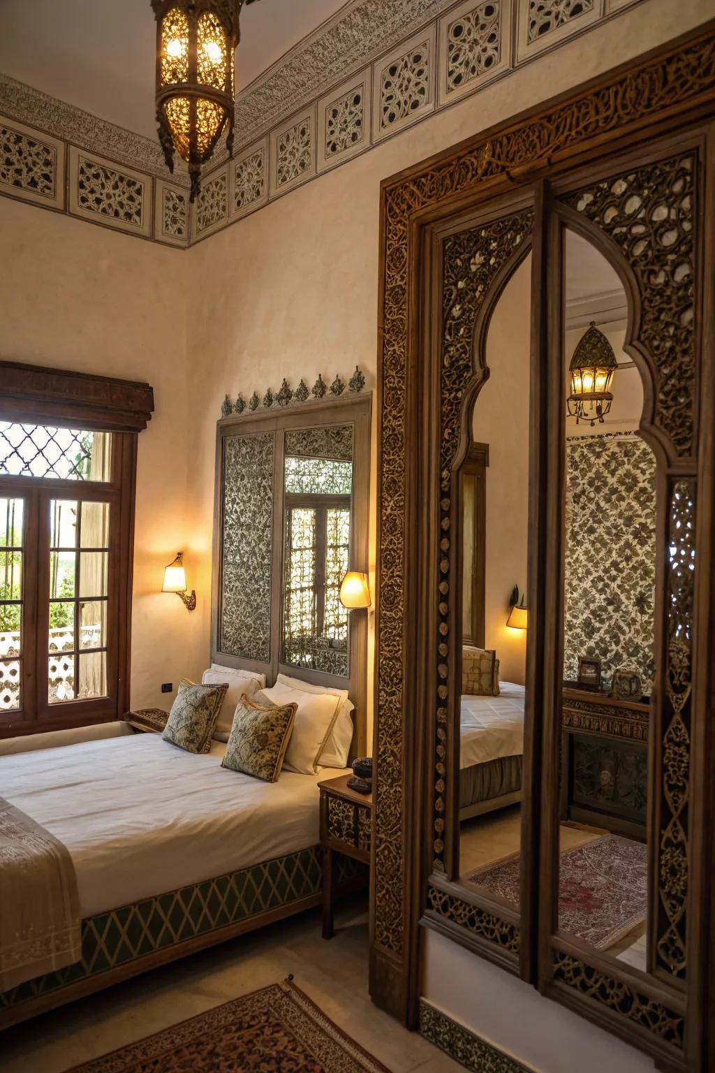 Reflective surfaces amplify light and space in Moroccan interiors.