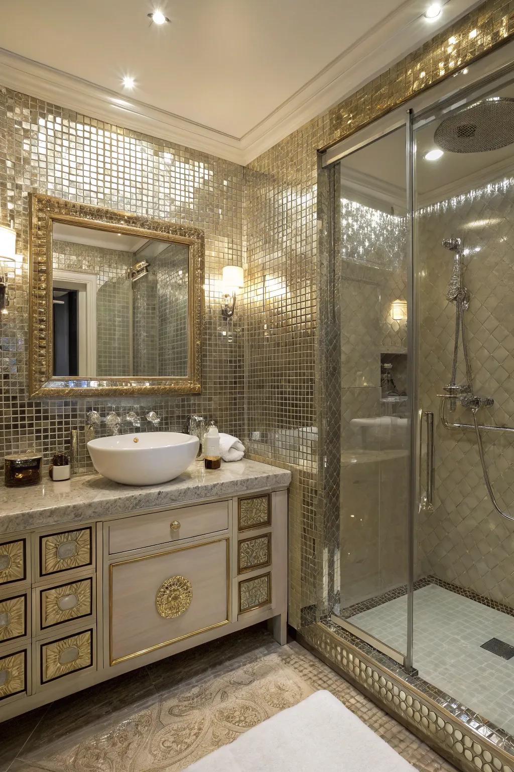 A glamorous bathroom using shimmering metallic mosaic panels.
