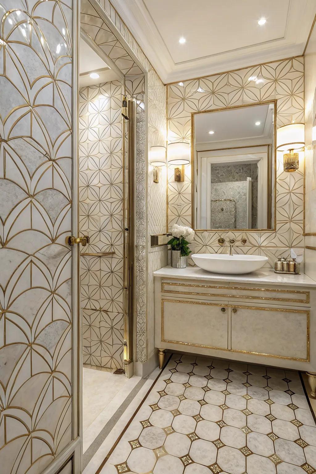 Art Deco designs in nacre tiles bring an ageless elegance to any bathroom.