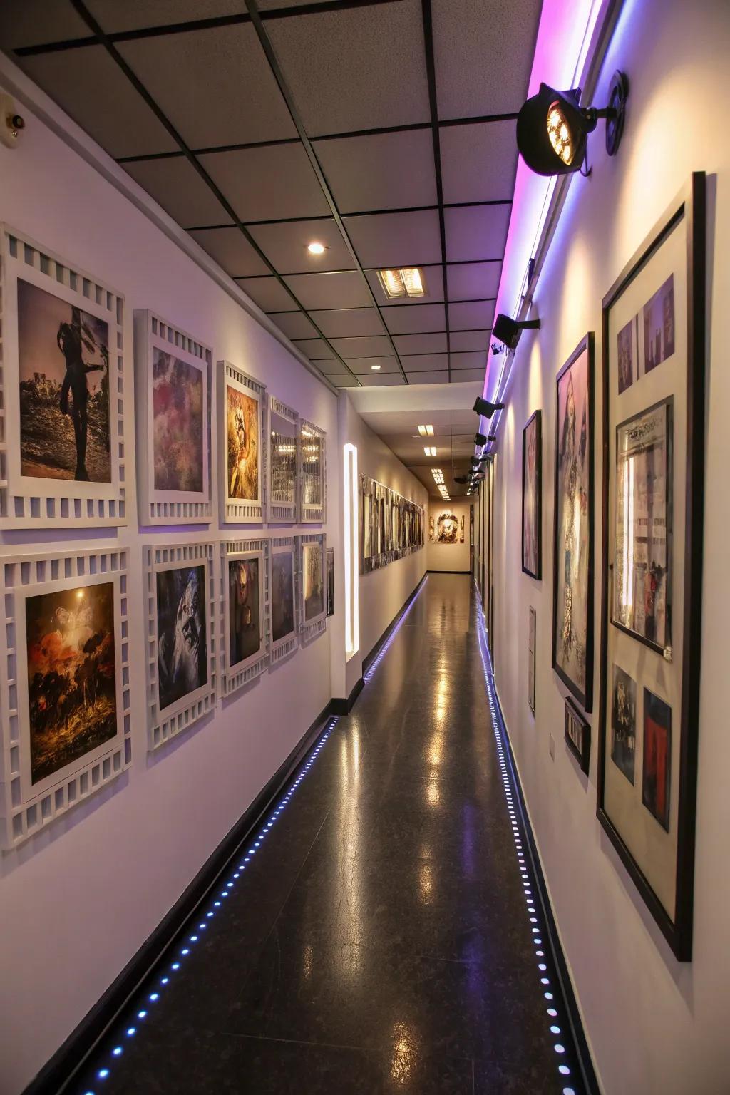 A corridor showcasing film layout artwork.