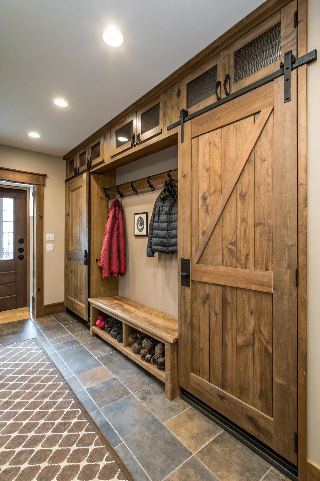 Mudroom that features sliding barn doors, which incorporate a countryside yet modern accent.