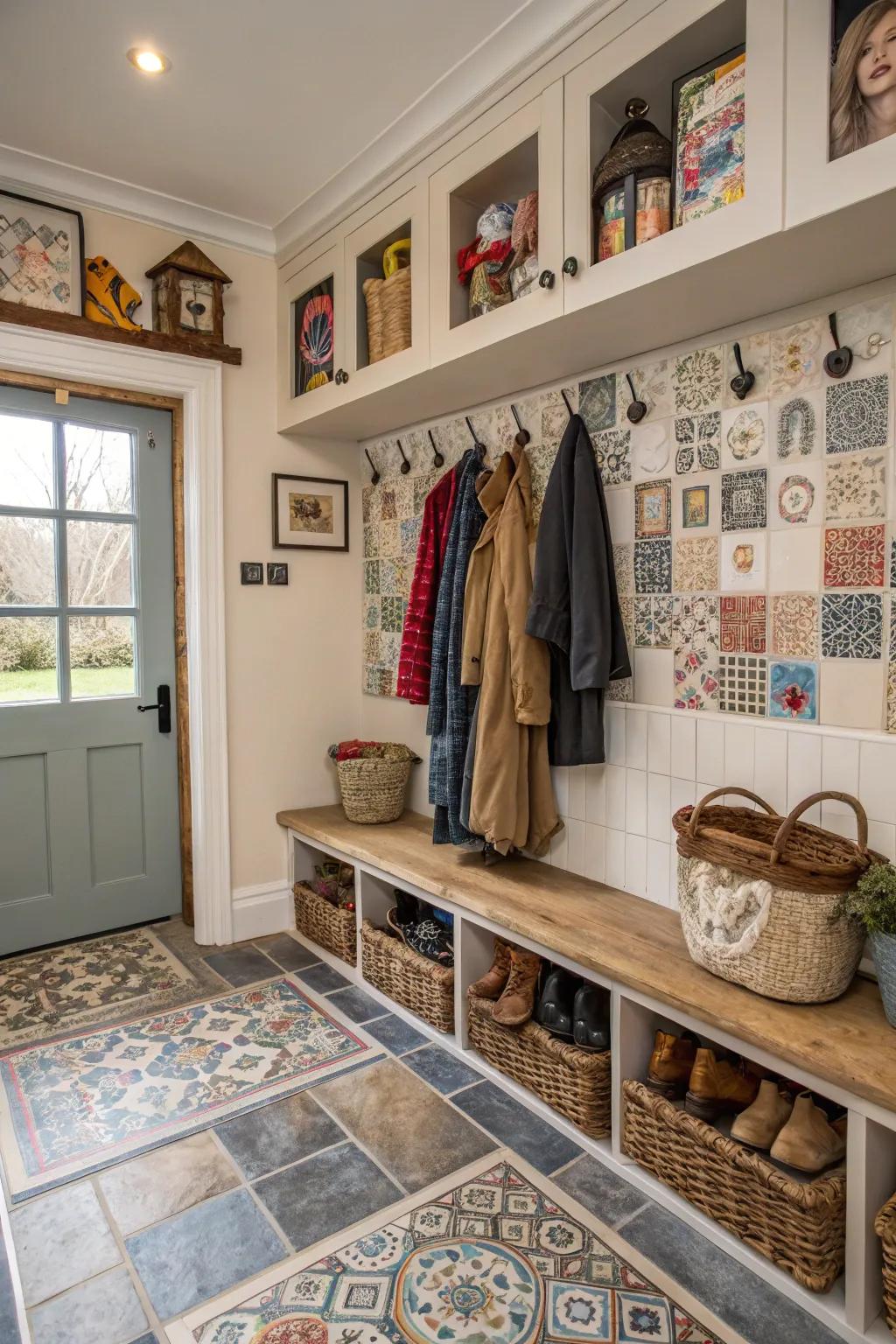 An eclectic mix of tiles crafting a personalized mudroom