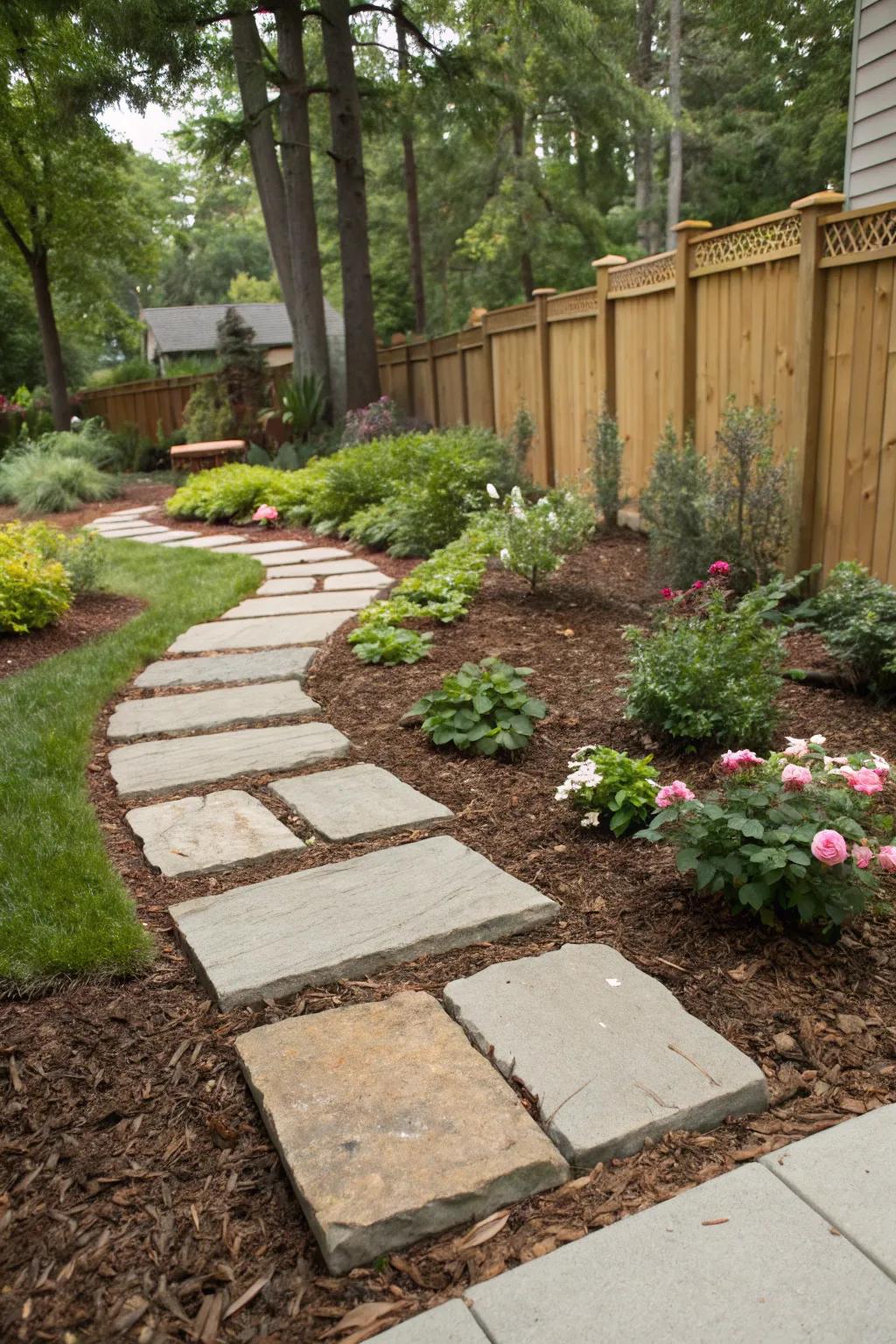 Pavers and mulch formulate structured garden borders.