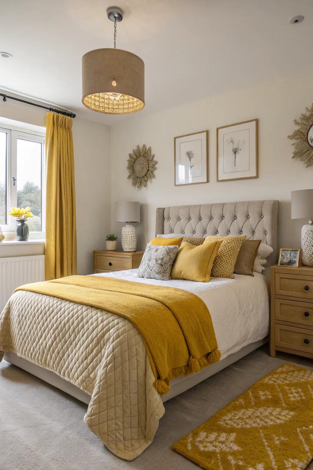 A bedroom exhibiting wheat design hints alongside neutral decor.