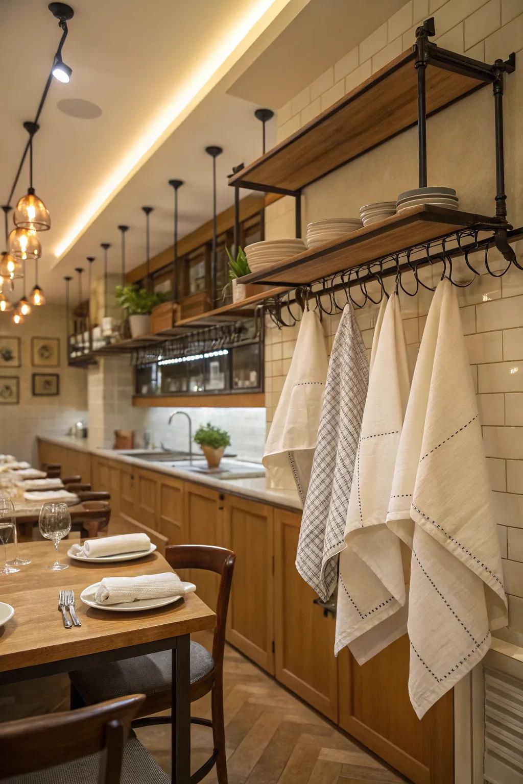 Overhead racks provide an innovative napkin storage solution.