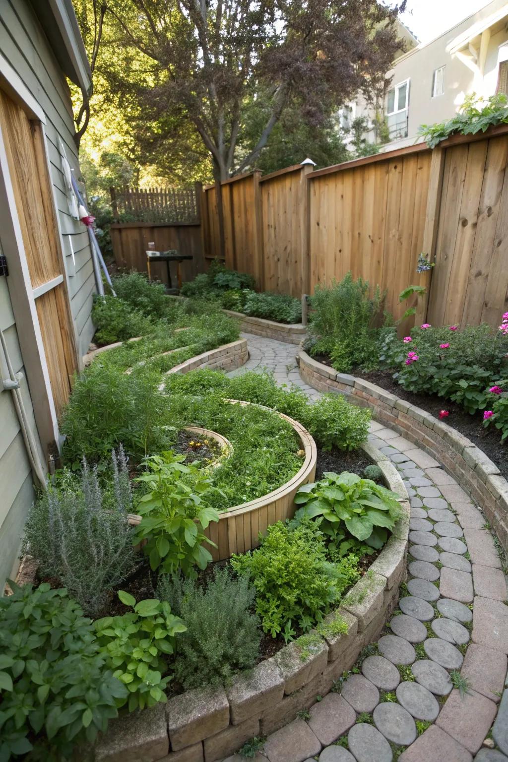 A herb spiral brings vertical interest and fresh flavors to a narrow garden.