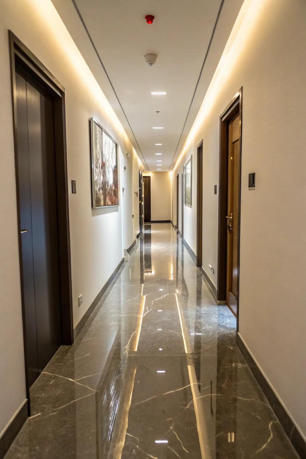 Resin covering offers a modern, seamless finish for hallway floors.