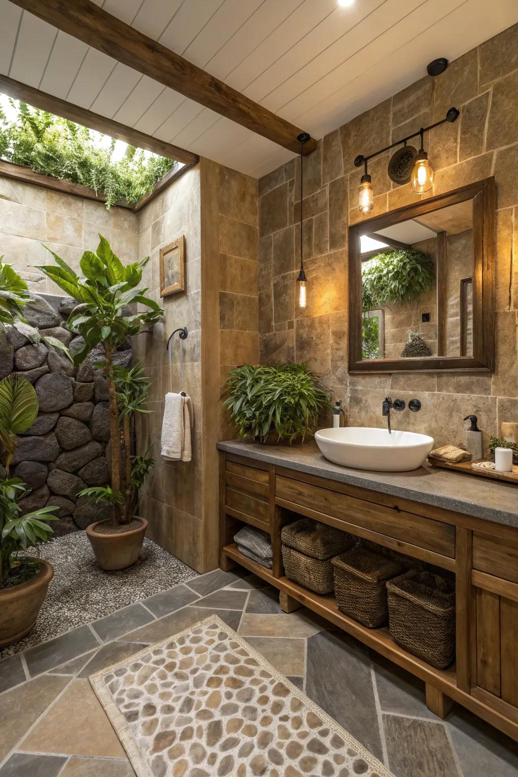 An outdoors inspired washroom retreat offers calmness and tranquility.