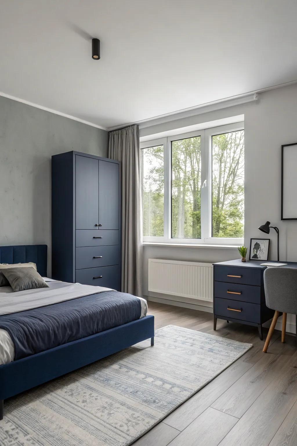 Streamlined furniture emphasizes clean silhouettes and highlights the color scheme.