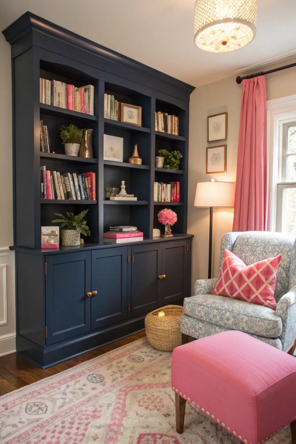 Navy shelving units blend function with style.