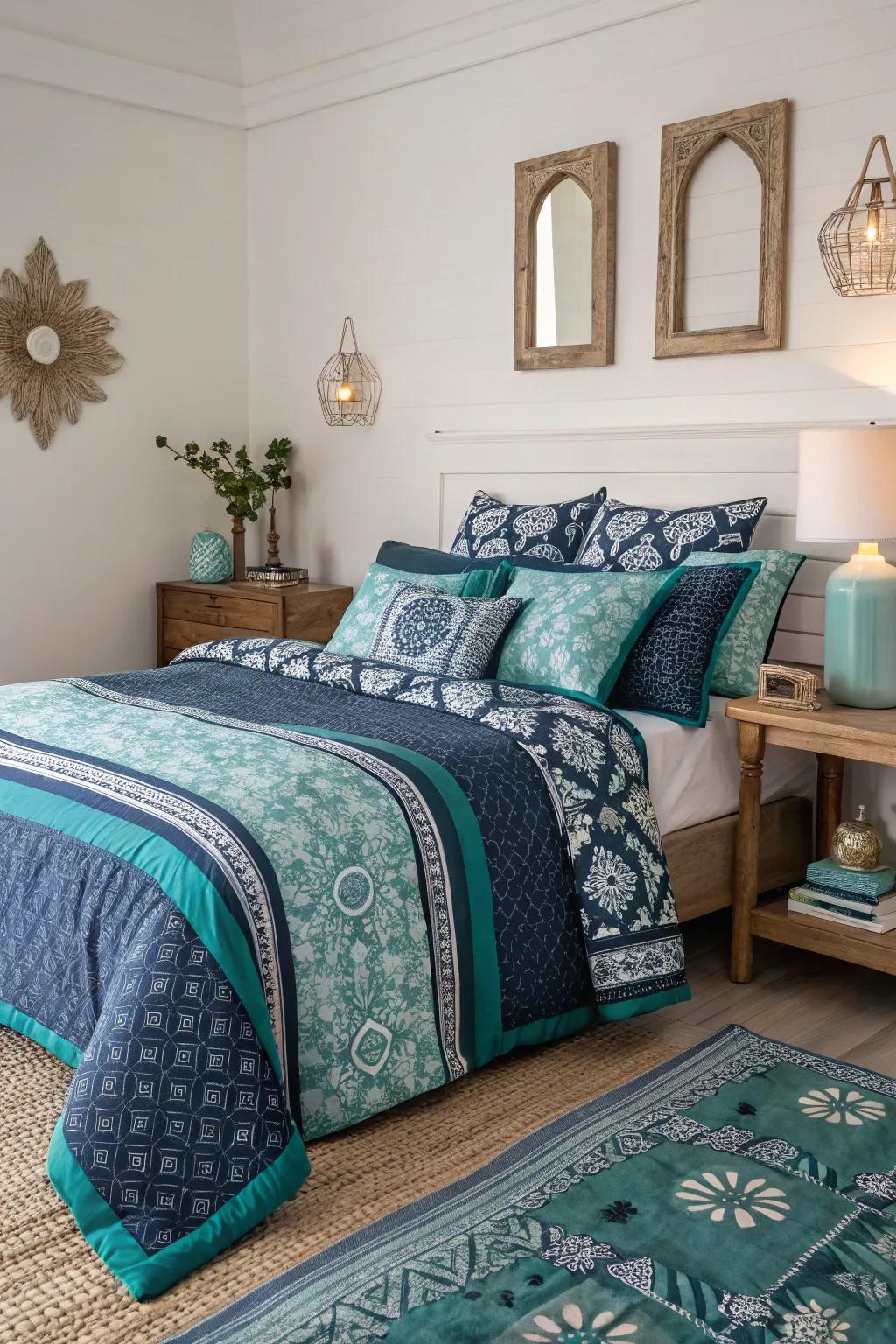 Blending patterns introduces energetic dynamics to your bedroom’s space.
