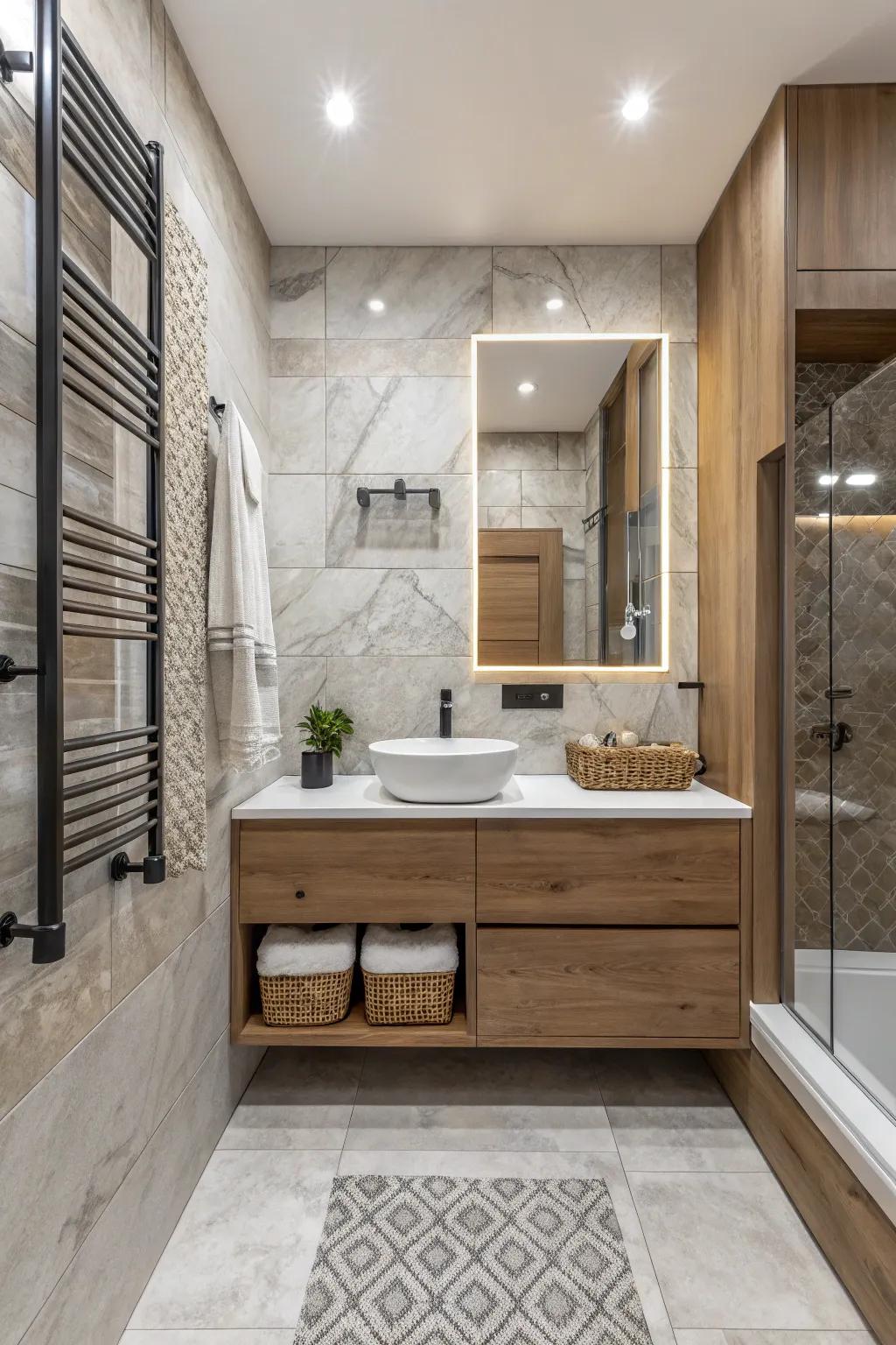 A varied combination of patterns adds depth to the neutral bathroom.
