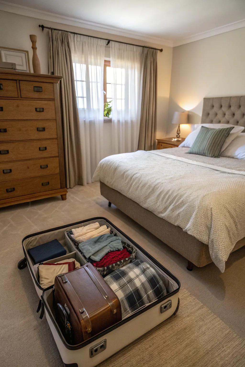 Suitcases can store off-season clothing neatly.