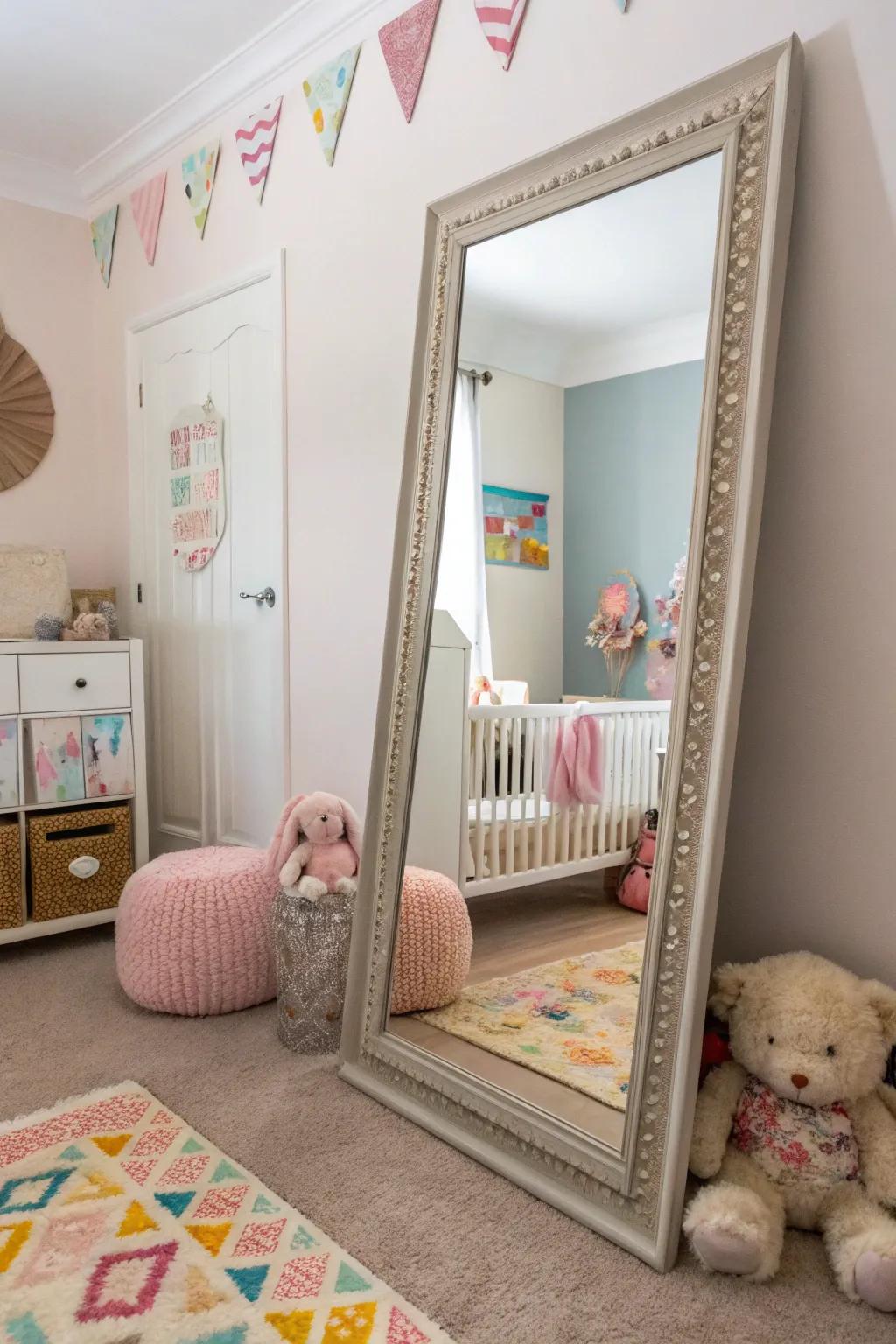 The use of an oversized mirror creates a strong visual statement in this nursery.