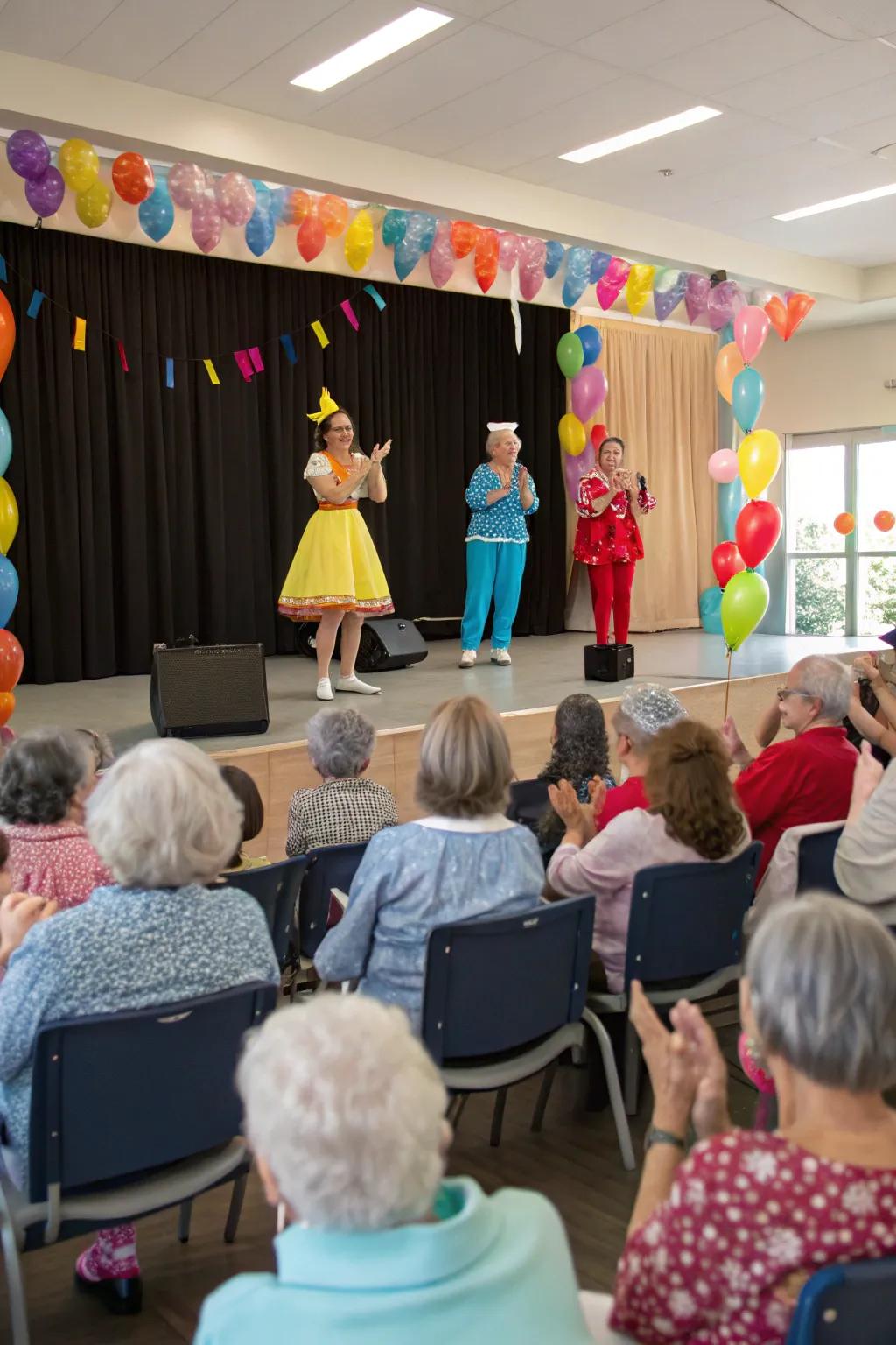 Care home residents showing off their talents in a Valentine's show.
