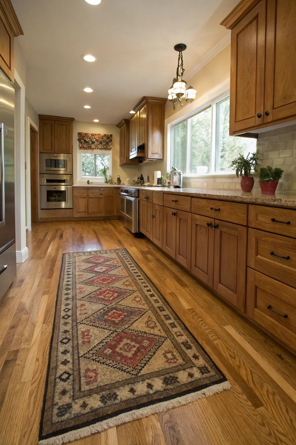 Zone coverings imbuing softness into hardwood floor culinary spaces.