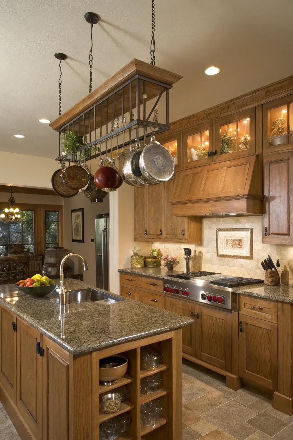 A cookware rack blends practicality with style in oak kitchens.