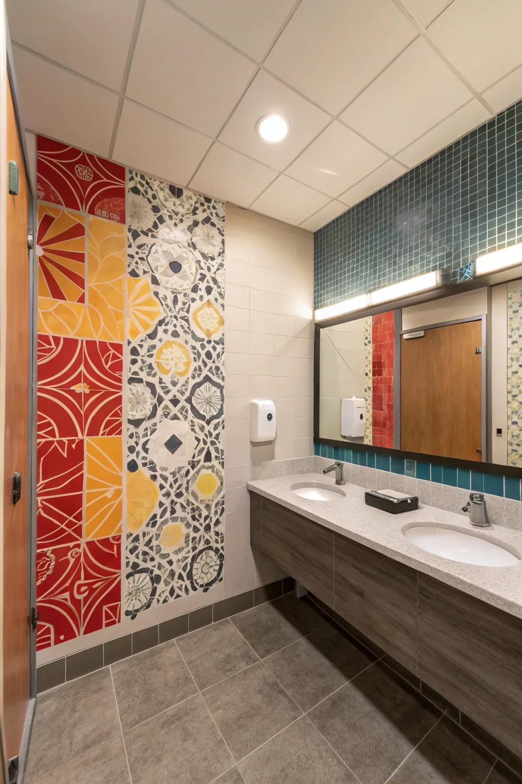 Artistic tile work adds a stunning visual focal point to the office restroom.
