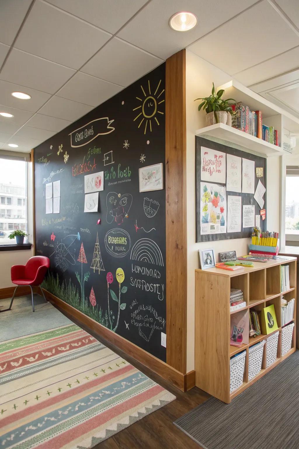 A kid's chalk corner entertains children.