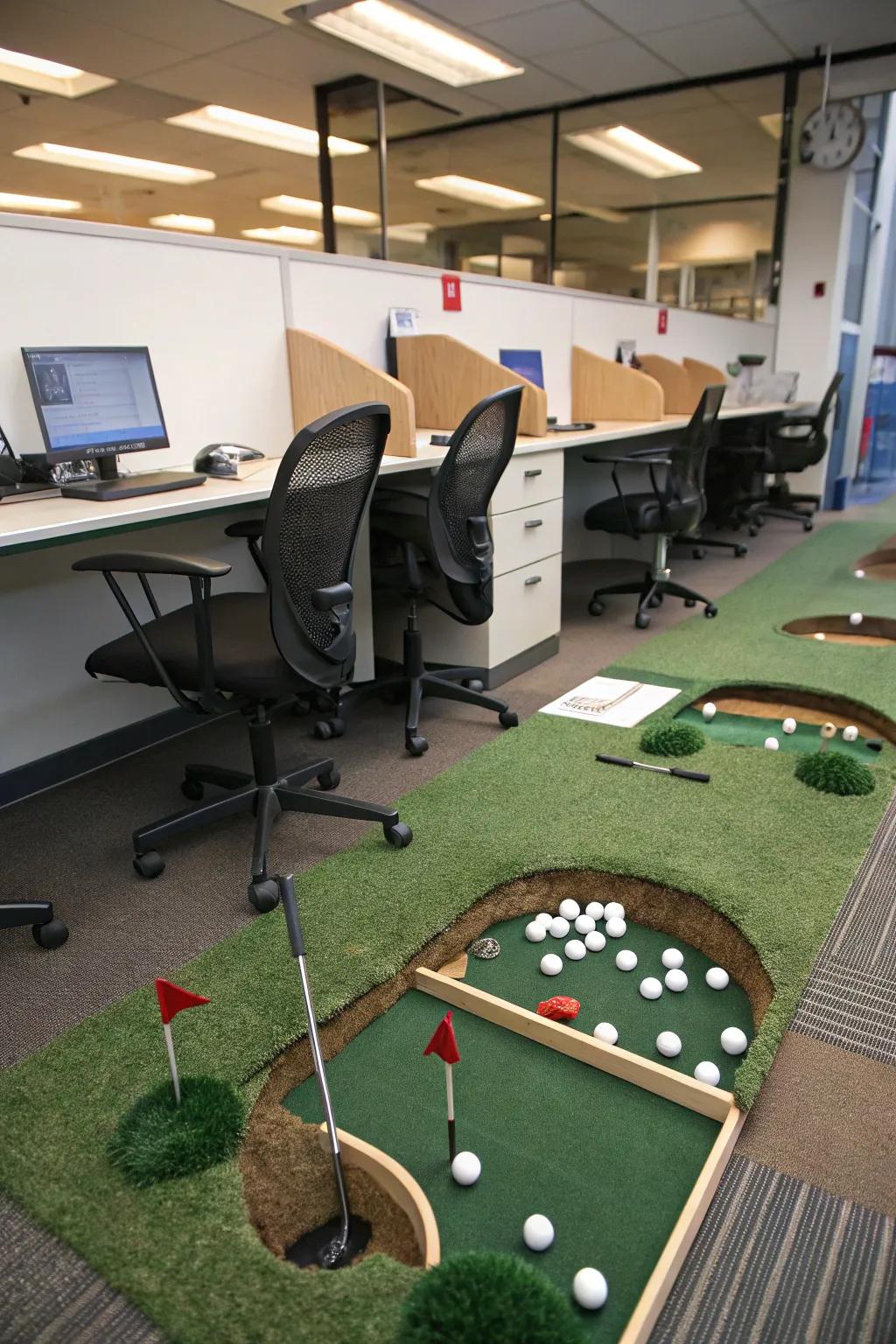 Duck beneath desks for an adventurous golf experience.