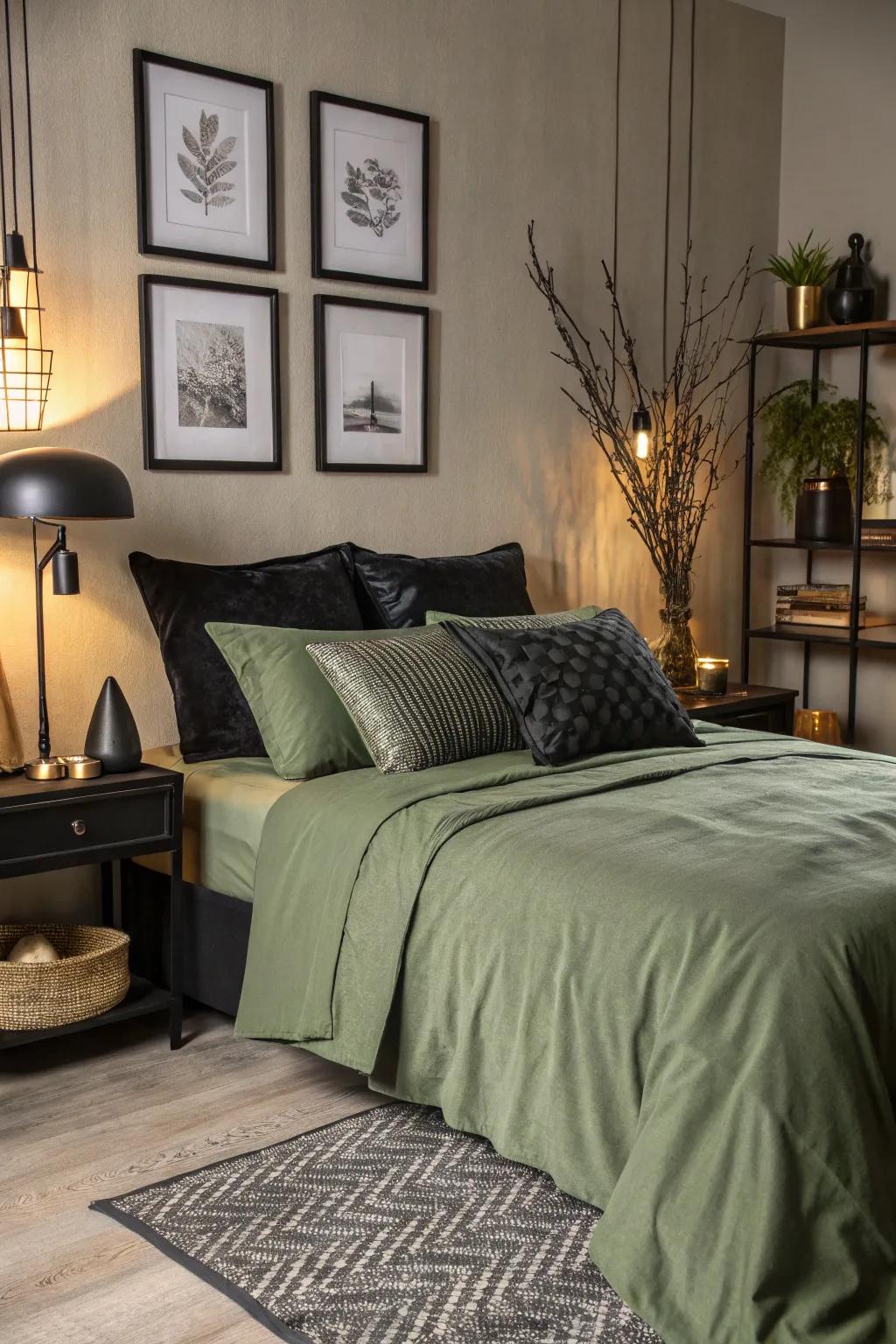 The olive green layout presents striking contrasts because of black ornaments.