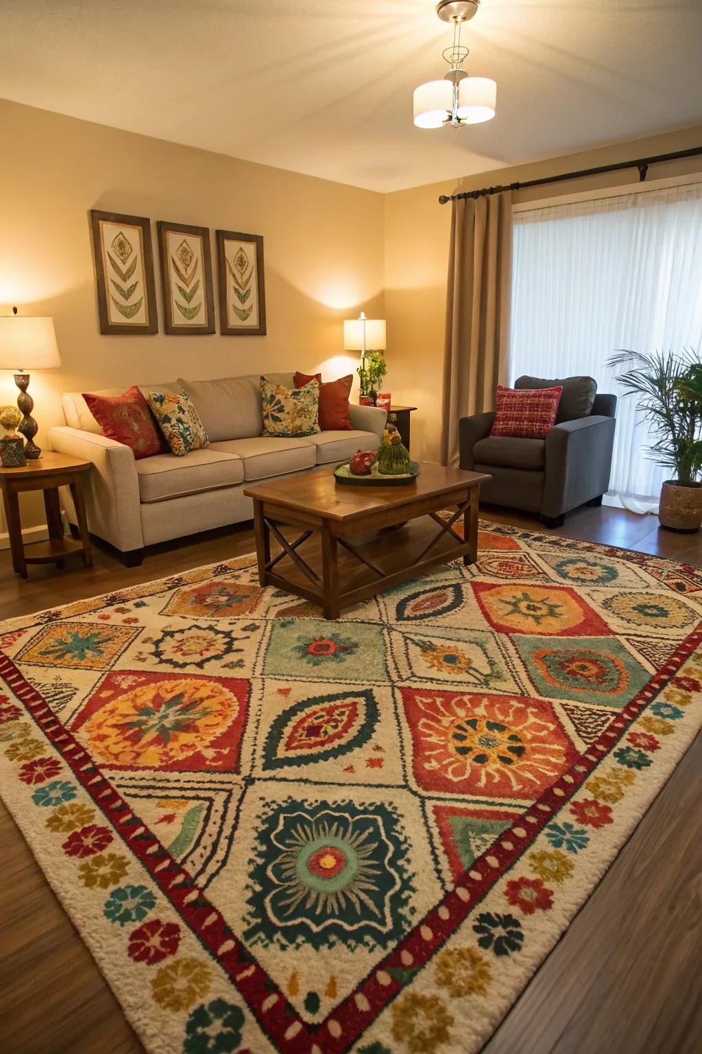 A statement rug unifies the room.