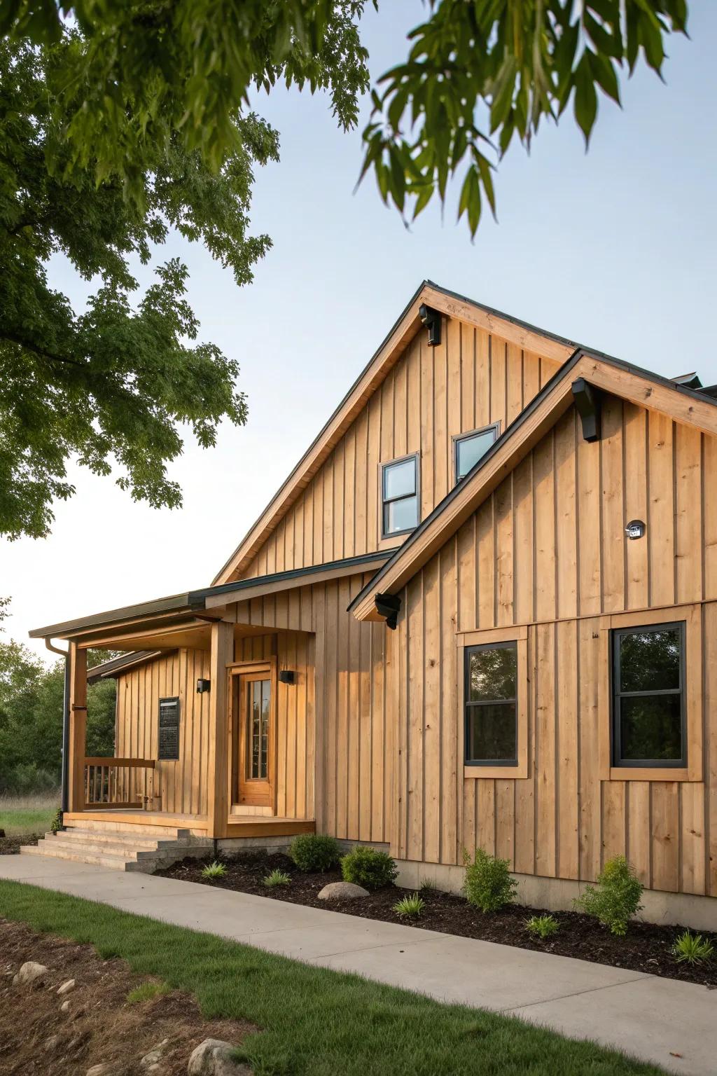 Board and batten siding adds vertical interest and charm.