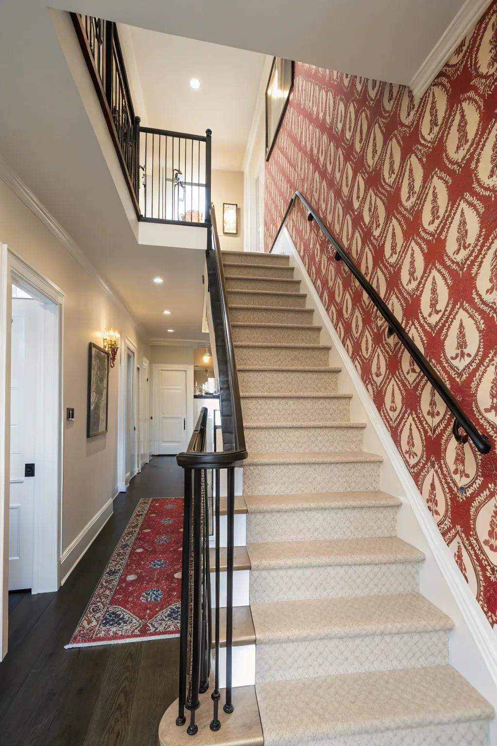 A feature wall creates a striking backdrop for this staircase.