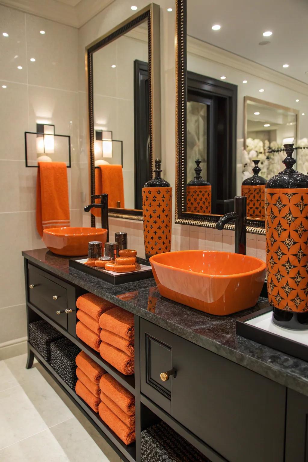 Orange and black elements add sophistication to the bathroom.