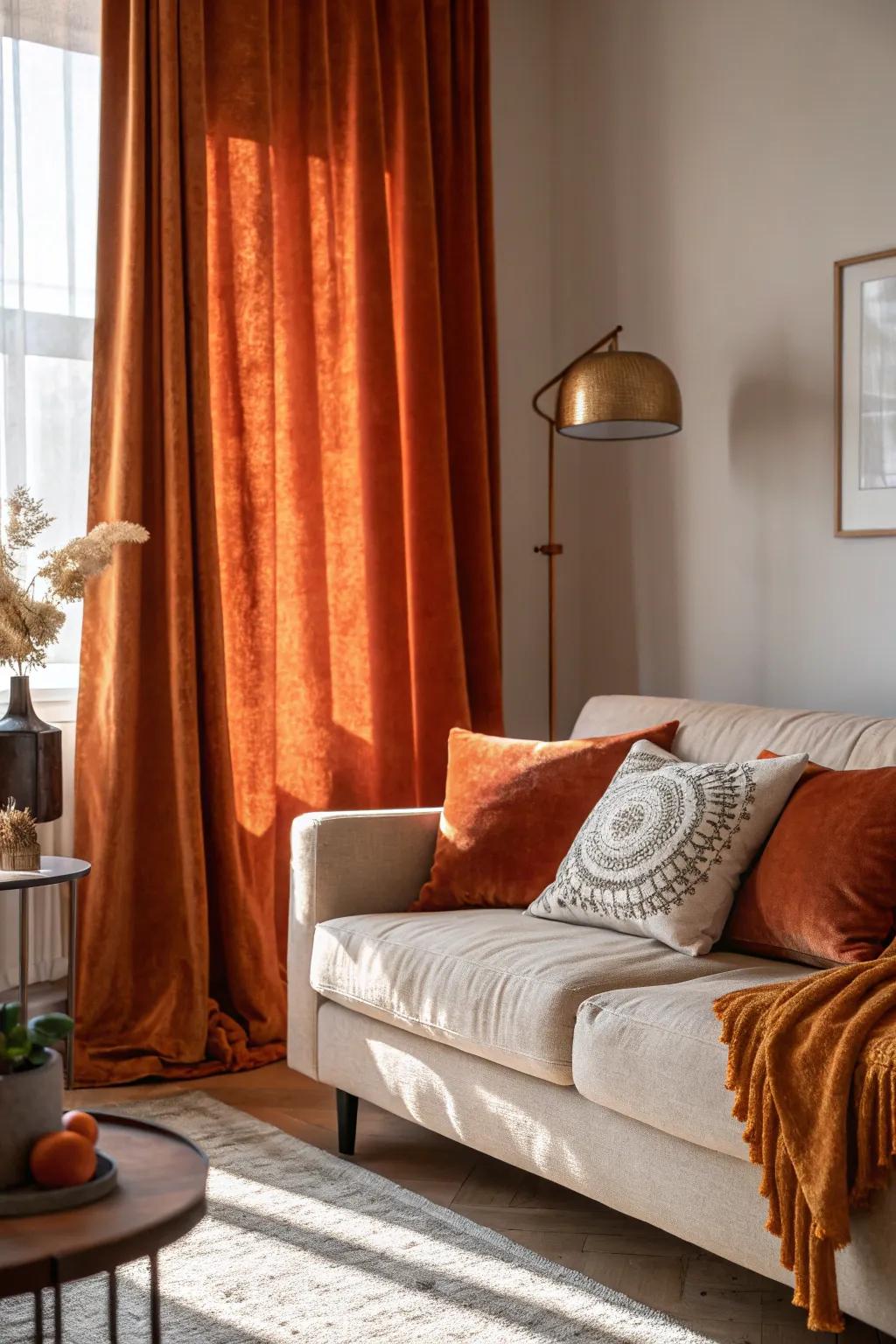 Layered textures with plush window coverings and cozy decor.