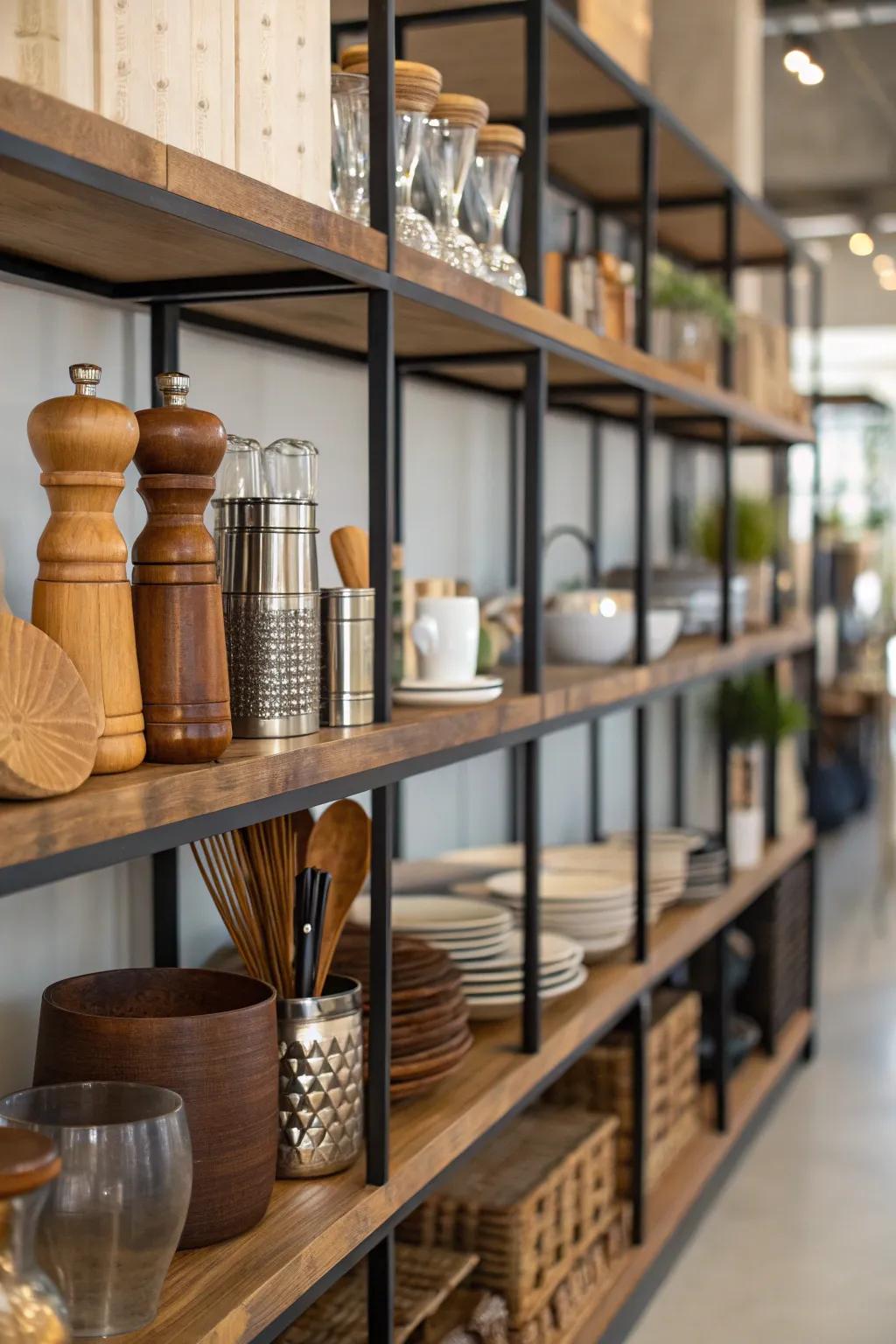 A mix of materials introduces depth and style to shelves
