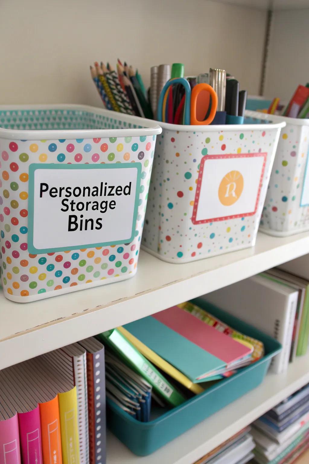 Personalized bins add a personal touch to organization.